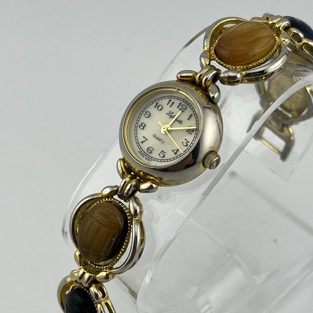 Vtg Lafayette Scarab Watch Women 21mm Gold Tone MOP Dial 7